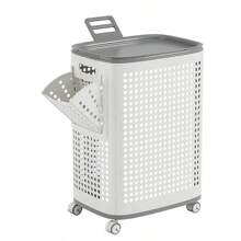 Laundry Basket With Wheels – White & Gray Plastic Hamper With Ventilated Sides For Clothes – Movable Storage Solution For Dorms, Bedrooms, And Bathrooms, Laundry Room Accessories, Laundry Baskets.