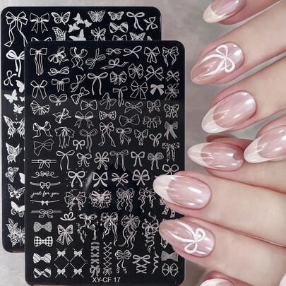 可爱蝴蝶结图案美甲印花板，玫瑰蝴蝶叶子美甲印花板，心形星星月亮蕾丝花卉印花美甲模板转印模具美甲工具