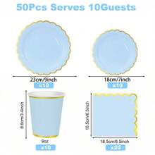 10/20/50 件，扇形蓝色纸盘、杯子和餐巾餐具套装，金箔边框派对装饰用品扇形纸一次性装饰盘餐巾和杯子用于甜点开胃菜派对礼品
