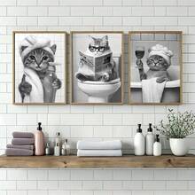 3 件可选画框帆布墙画，黑白可爱动物，现代简约抽象艺术装饰风格，有趣的猫咪，肖像方向，几何图案，带帆布艺术印刷，适用于浴室装饰、洗衣房、家居装饰、礼物，带画框的墙画