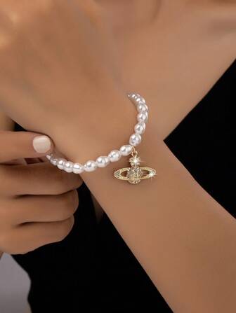 1 قطعة سوار من سبيكة وخرز قابل للتعديل مع تصميم برشام وخرز مرصع باللؤلؤ، بطراز أوروبي وأمريكي للنساء، مناسب للارتداء اليومي والهدايا المناسبة للأعياد