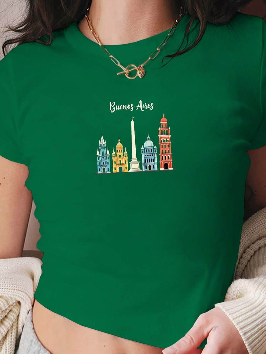Buenos Aires Architecture Illustration Women's Fashion Short T-Shirt - Green - View 1