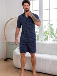 2pcs/Set Men's Plaid Allover Print Short Sleeve Shirt And Shorts Pajama Set