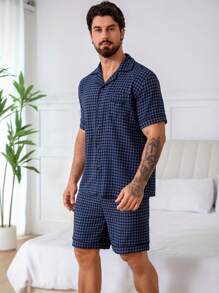 2pcs/Set Men's Plaid Allover Print Short Sleeve Shirt And Shorts Pajama Set