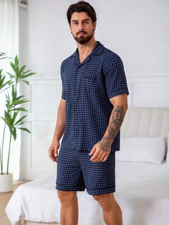 2 pezzi/Set Pigiama da uomo con camicia a maniche corte e pantaloncini con stampa a quadri all-over
