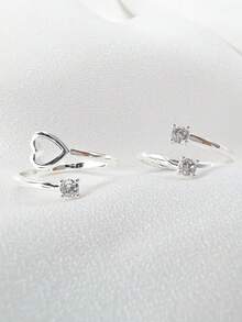 Kit With Two Heart And Zirconia Phalanx Rings And Two Zirconias Silver Plated - Bạc - Xem 4