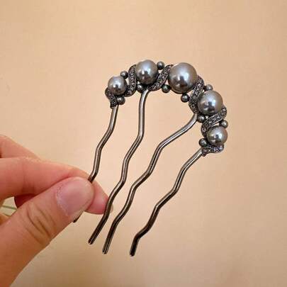 Elegant Chinese Style Faux Pearl 4-Prong Bun Holder Hair Stick Hair Accessory Hair Combs Combs For Hair Side Comb, School Stuff, Pearl Hair Accessories, Wedding, Bridesmaids Gifts, Head Accessories, Bridal Hair Accessory, Mother's Day