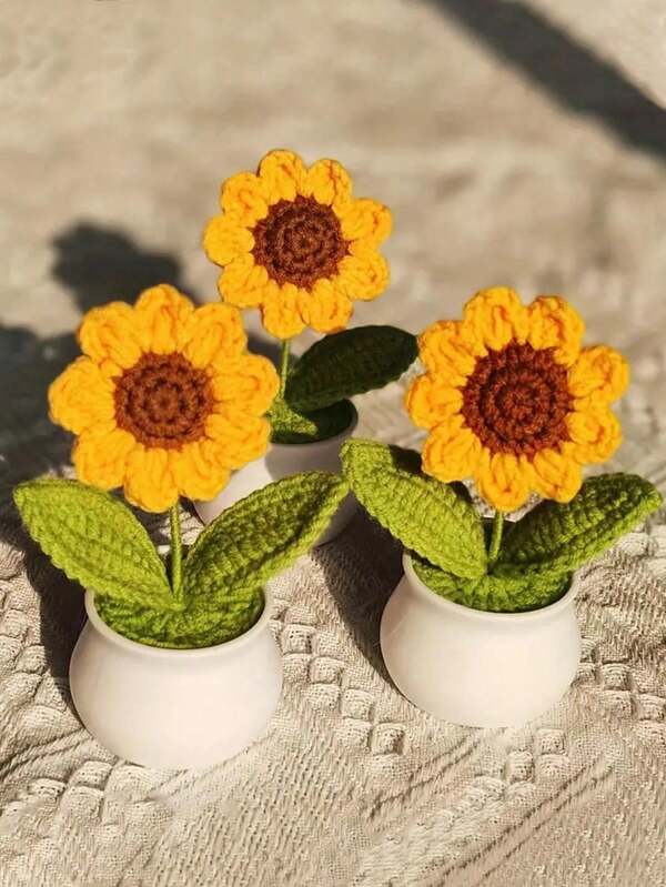 1pc Knitted Wool Simulated Sunflower Ornament, Suitable For: Study Desk Decoration, Bedroom Decoration, Maintenance-Free And Long-Lasting Decoration, Suitable For Students/Home Decoration/Coffee Shops,Fake Plants