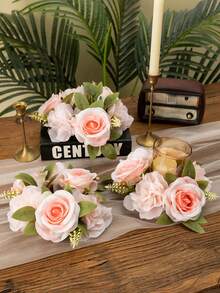 MEHELANY 1Pc Artificial Flower Candle Ring Garland , Light Pink Fake Rose Artificial Flower Wedding Table Centerpiece Spring Summer Garland For Front Door Wedding Bouquet Party, Home Decor, Wedding Arrangement, Romantic Date, Wedding Garland