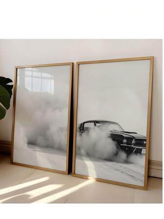 1pc Unframed Vintage Mustang Art Print, Monochrome Car Wall Art, Minimalist Auto Decor, Black And White Retro Car Art Set