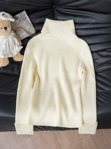 Women's Elegant High Neck Embroidery Texture Special Design Sweater, Apricot, Fitted Long Sleeve Knitted Top, Suitable For Commuting In Autumn/Winter
