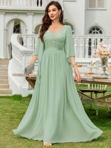 MIUSOL Đầm maxi dự tiệc trang trọng cổ chữ V sâu, đính sequin, phối ren hoa, chất liệu chiffon, thanh lịch dành cho nữ, thích hợp cho mùa xuân. - Màu xanh Bạc hà - Xem 9