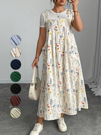 Plus Size Floral Print Women Double Pocket Strap Midi Dress