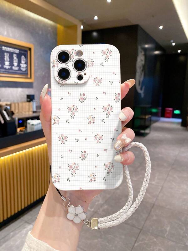 1pc TPU Phone Case With Ditsy Floral Pattern, White And Purple, Shockproof, And 1pc Rhinestone Flower Lanyard, Compatible With IPhone, Android Smartphones Including, OPPO, Etc.