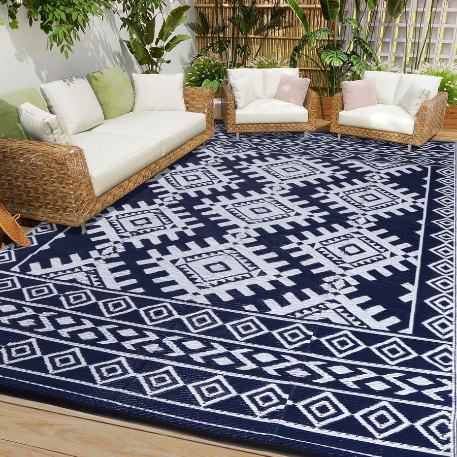 Pendolr 5'x8' Outdoor Rug Waterproof Carpet Patio Rug Outdoor Plastic Straw Rug Camping Rug Reversible Outside Outdoor Area Rug For Balcony Deck Backyard RV Picnic Beach Navy&White - White - View 1