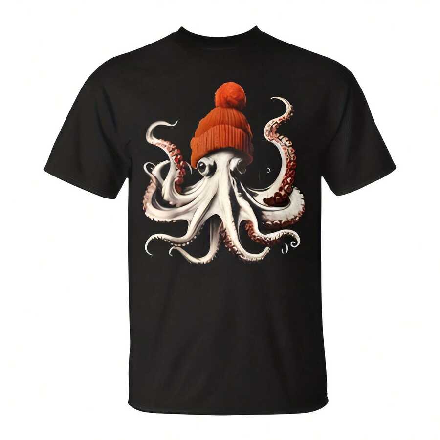 Octopus Wearing Beanie Retro Graphic Marine Biology Ocean T-Shirt Aesthetic Y2K Style Summer Top, Loose Fitting T-Shirt For Outdoor, Home, Work Or Street Leisure, Soft And Durable Pure Cotton Fabric, Retro And Soft Design, I Gift For , Fashionable And Comfortable Shirt For Travel, Festivals Or Weekends - Black - View 1