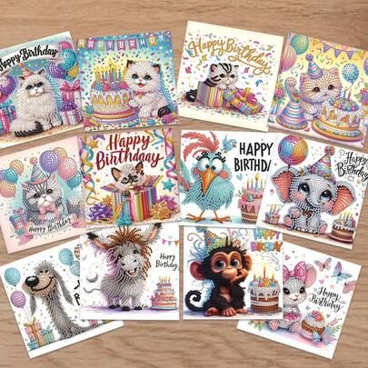 12 Packs Diamond Painting Greeting Cards – DIY Cute Animal Designs With Envelopes, Handmade Birthday & Holiday Cards, Sparkling Laser Diamond Art Kit