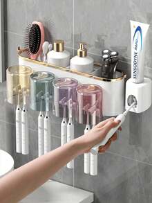1 Set Toothbrush Holder With 2/3/4 Cups And 1 Toothpaste Dispenser, Creative Wall-Mounted Bathroom Storage Rack, Convenient For Brushing Teeth And Storage. Cup Colors (Gray, Blue, Purple, Pink, Yellow) Are Random And May Slightly Differ From Rendering, Which Is Normal. Home Bathroom Decor, Autumn Decor, Back To School Season - Multicolor - View 3