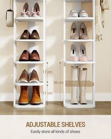 HaluPeit Shoe Rack, Narrow Shoe Storage With 8 Levels, Wooden Shoe Organizer With Hooks, Adjustable, Space-Saving, Suitable For Entrance, Hallway, Living Room, White - White - View 6