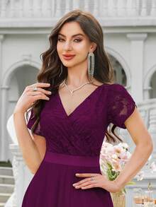 MIUSOL V-Neck Contrast Lace Chiffon Ruffle Sleeve Pleated Slit Hem Formal Party Maxi Dress, Elegant Ladies Party Gown, Formal Evening Dress, Ball Gown, Suitable For Wedding Guest, Graduation Ceremony, Gala Dinner And Other Occasions - Maroon - View 8