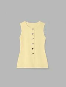 FOR BEAUTY Women's Minimalist Elegant Sleeveless Cardigan, Cream Yellow Knit Top, Suitable For Music Festival, Spring/Summer, New Year - Light Yellow - View 9