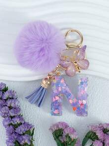 Cute Pom Pom Sequin Letter A-Z Resin Tassel Keychain, Wallet & Handbag Charm, Chain Backpack Pendant, Car Hanging Ornament, Girl Gift, School, Car Accessories, Gothic Y2k - Purple - View 34