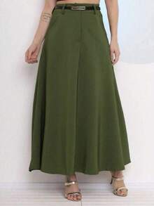 Women's Long Round Skirt Tailoring Evangelical Fashion Casual Basic Winter High Waist Elegant - 軍綠色 - 查看 5