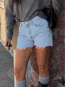 女式夏季休闲原色下摆牛仔短裤 - 淺色水洗藍 - 查看 3