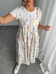 Plus Size Floral Print Women Double Pocket Strap Midi Dress - Apricot - View 6