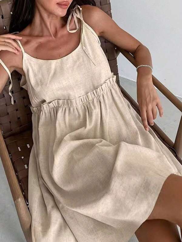 Elegante geknoopte camisolejurk, effen kleur, losse, flatterende geplooide zoom, casual, straatchic, vakantie, comfortabele loungewear voor vrouwen