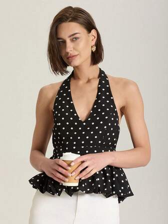 Top halter sin espalda con volantes y lunares, estilo francés