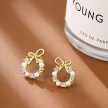 2 Pairs Diamond, Pearl & Bow Decorated Unique Circle Earrings, Suitable For Women Day-To-Day Wear