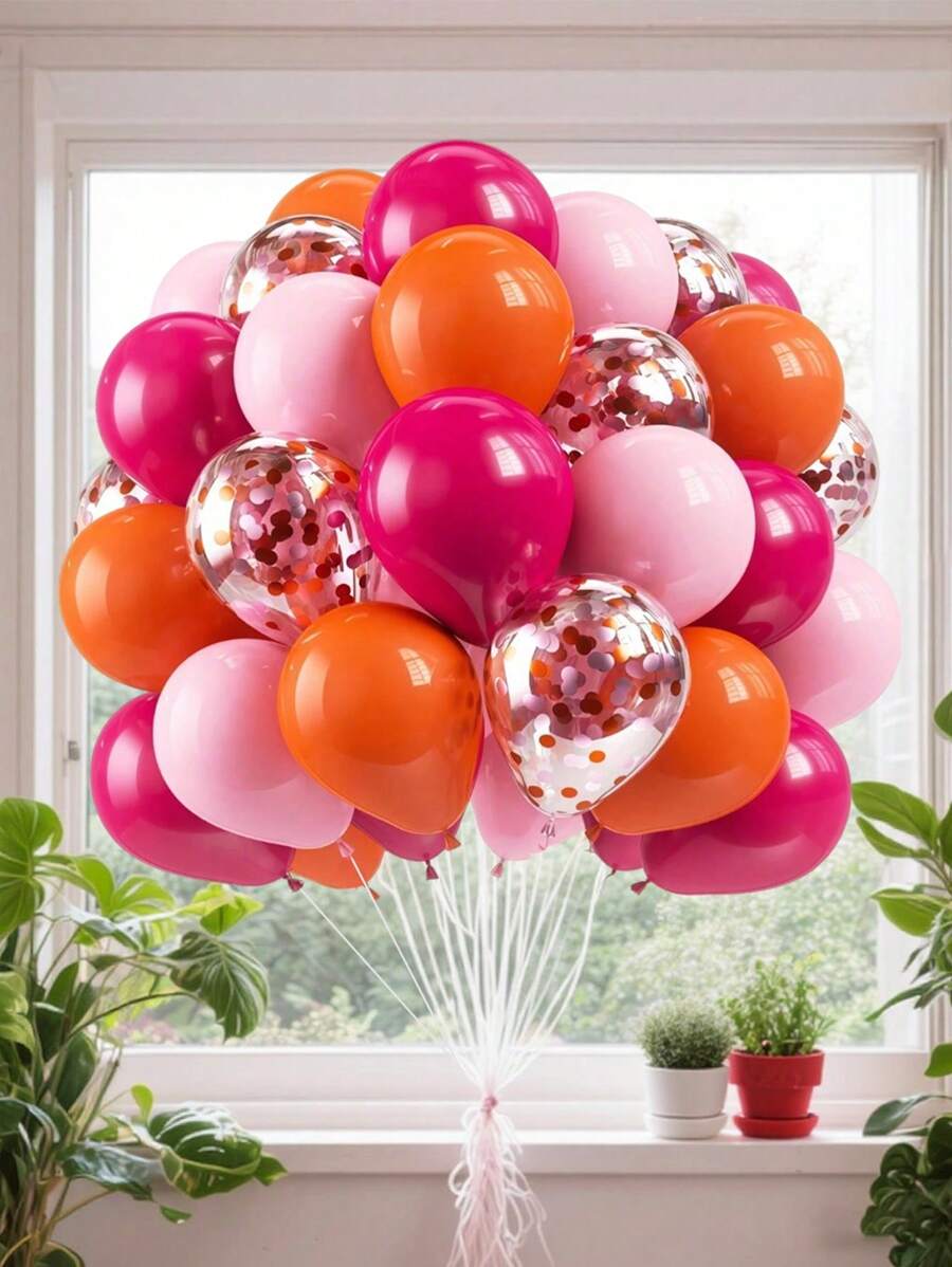 60pcs 12 Inch Rose Red,Light Pink,Orange Latex Balloons Set, 12 Inch Pink,Orange Glitter Transparent Latex Balloons Suitable For Birthday Party, Wedding, Anniversary Decoration