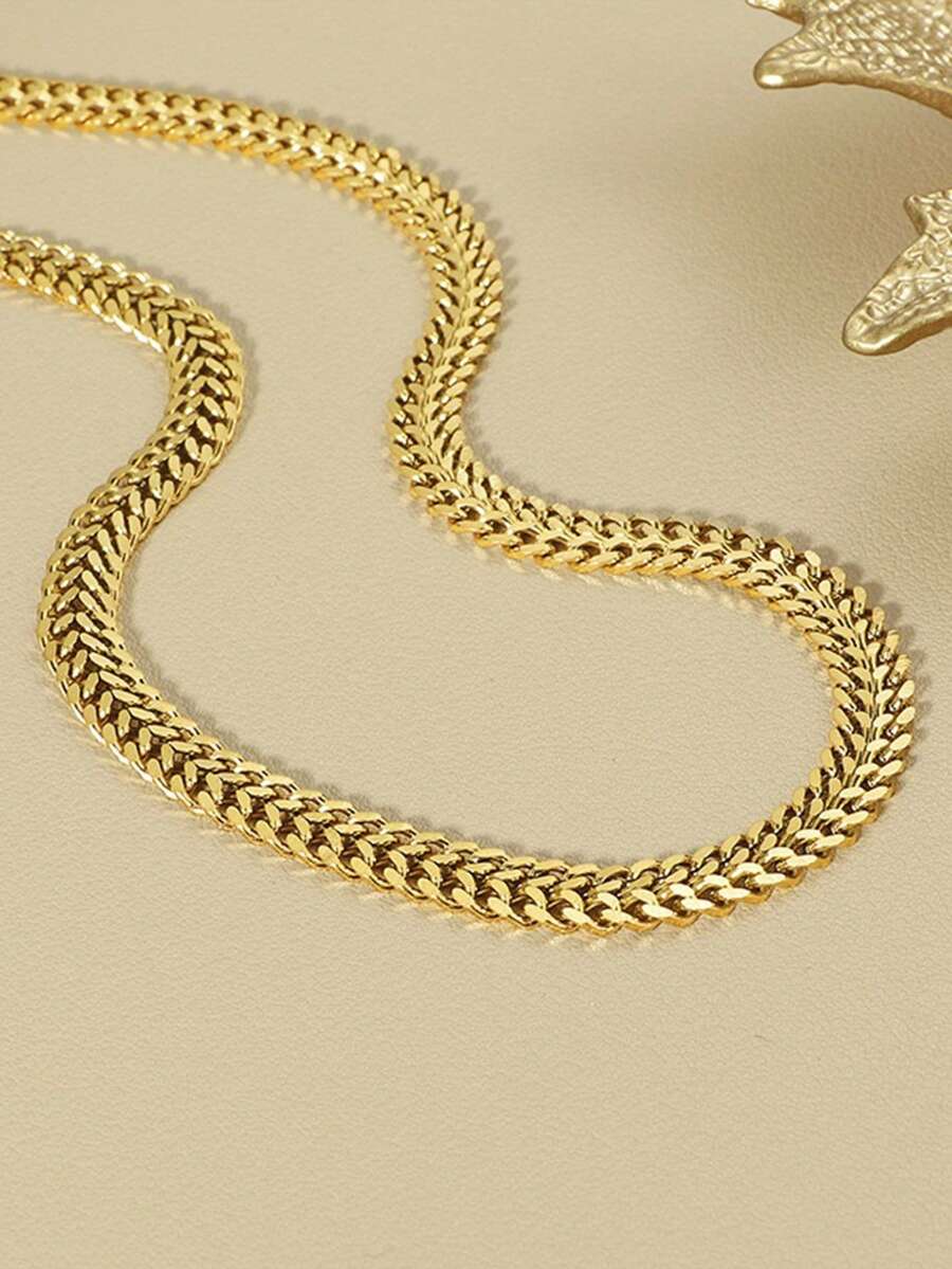 1pc Simple Gold-Plated Braided Copper Snake Bone Chain Necklace, Gift - Yellow Gold - View 1