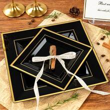 25 件 6.7 英寸/9.5 英寸黑白方形餐盘，高档优雅的餐盘，适用于盛放水果、沙拉和餐桌装饰，可重复使用且易于清洁。非常适合婚礼、生日派对和家庭聚会