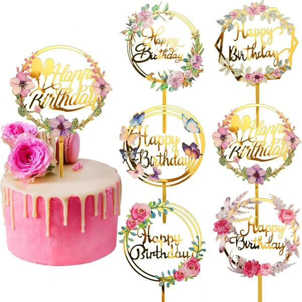 1pc/3pcs/6pcs,6 Styles Of Happy Birthday Cake Decorations, Gold Flower Acrylic Cake Decorations, Suitable For Various Birthday Parties, Anniversary Pastry Decorations
