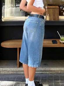 破洞街头风宽松牛仔百慕大短裤 - 淺色水洗藍 - 查看 4