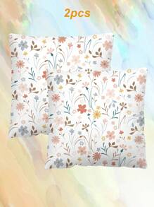 2pcs Ditsy Floral Pattern Decorative Throw Pillow Cases, Letter Print Square Pillowcase Without Filler, Cute Cushion Covers For Sofa, Living Room