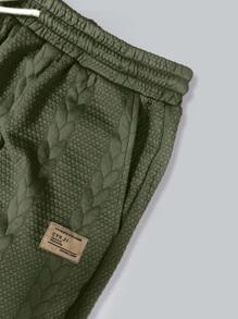 Men's Solid Color Short Sleeve T-Shirt + Drawstring Oblique Pocket Shorts 2-Piece Set, Cable Knit