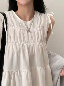 Vintage Pleated Bowknot Sleeveless Mini Dress For Petite Women, Summer