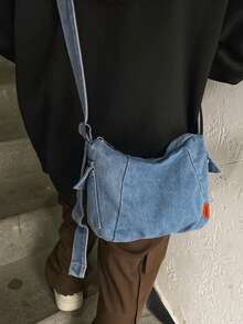 Ins 风格水洗帆布单肩包，百搭简约复古斜挎包，男女通用休闲单肩包，适合上学和通勤 - 黑色 - 查看 9