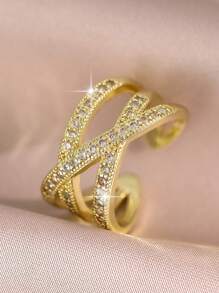 1 Peça Elegante Anel Aberto Dourado de Mulher com Laço de Zircônia Cúbica, Anel de Casal Glamoroso para Aniversário, Encontro, Solteiro, para Uso Diário, Formatura, Presente de Joias