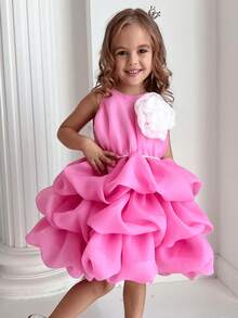 Abito elegante da principessa per bambine con sovrapposizione di rete con perline e fiori 3D, contrasto di colori, adatto per compleanni, matrimoni, balli, feste e celebrazioni