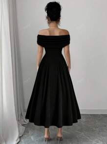 Women's Elegant Ruffle Off Shoulder Formal Evening Party Wedding Gown, Solid Color Dress For Summer