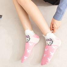 Sanrio 1Pair Sanrio Short Socks Featuring Hello Kitty In A Striped Heart Design, Perfect For Spring And Summer, Cute And Versatile For Casual Wear.