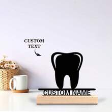 1pc Fashion Personalized Custom Text Tooth Sculpture Metal Art With Wooden Base Tabletop DecorationMetal & Wooden Decor For Bedrooms, Nurseries, Celestial-Themed Spaces, Boho Chic Christmas Decorations Graduation Party Gift