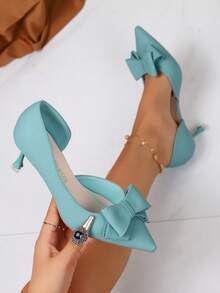 Elegant Turquoise Color Bow Decor Mid-Heel Solid Color Trim Slingback Women's Formal Party Pointed Toe Sandals, Spring/Summer,Elegant - Blue - View 2