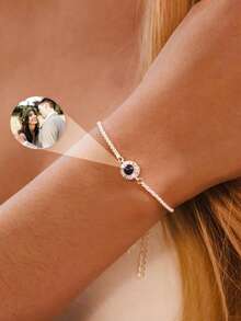 Personalized Photo Projection Bracelet, Round Diamond-Encrusted Sparkling Projection Bracelet, Customizable Round Diamond-Encrusted Photo Projection Bracelet, Ladies' Sparkling Diamond Projection Bracelet, Diamond Projection Bracelet With Glittering Chain, Customized Photo Bracelet, Mother's Memorial Gift, Projection Jewelry, Birthday Gift