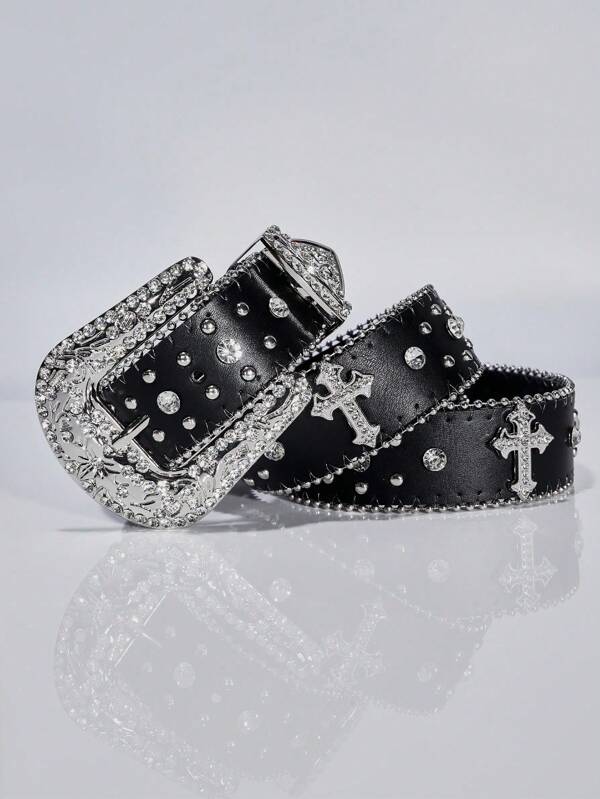 1pc Unisex Cross Diamond Studded Heavy Duty PU Belt, Suitable For Nightclub, Punk, Rock, Y2K Style Summer, School Casual, Business, Boyfriend Husband Father Dad Men Gift, Daily Wear, Fashion, Teen, Outdoor, Vacation, Athletic, Travel, Street, Boho, Vintage Fall, Autumn, Halloween Autumn-Winter Accessories,Suitable For Teens, Youth,Men,Casual, Outdoor, Athletic, Vacation, Graduation Gifts, Birthday, Daily Wear