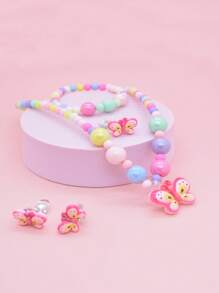 5pcs/Set Girls Cute Rainbow Pendant Beaded Necklace, Bracelet, Ring And Earrings, Lovely Jewelry Gift, Children Accessories (Bead Colors Random)